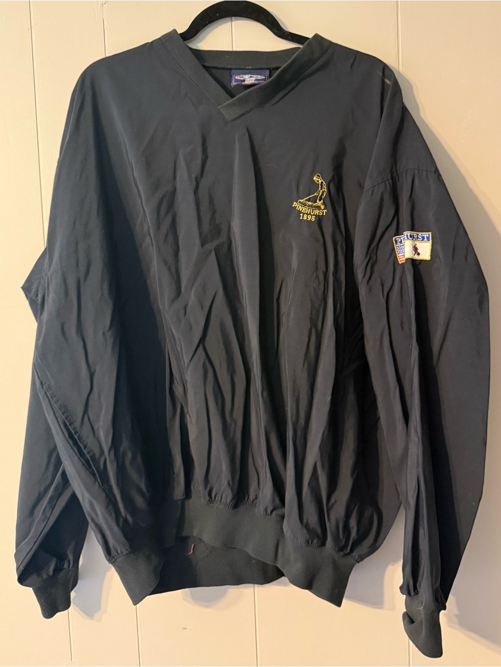 Vintage Pinehurst 1895 Golf Windbreaker Pullover USA Made V-Neck Mens XL Black